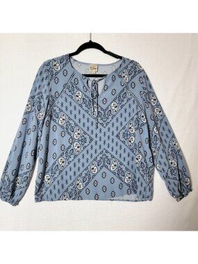 Como Vintage Top Womens Sz L Pullover Long Sleeve Tie Neck Blue & White Y2K